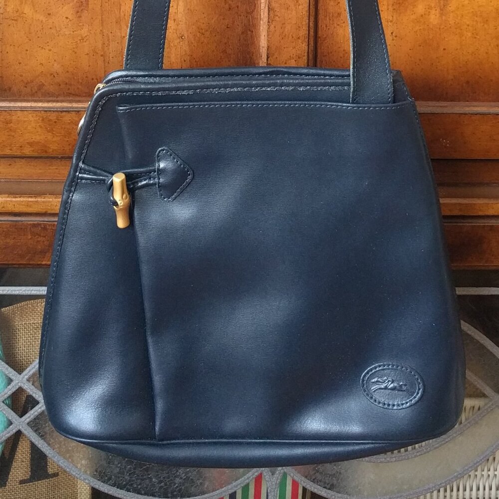 Longchamp Black Leather Crossbody Bag with Gold-Tone Accent